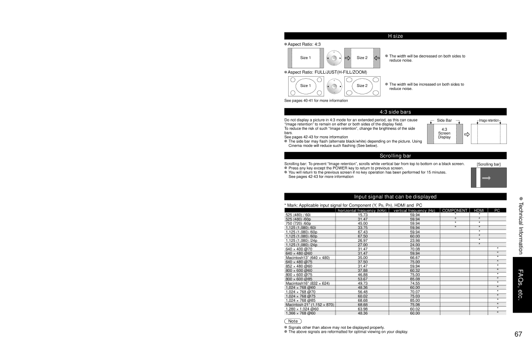 Panasonic TC-P54Z1 Technical Information FAQs, etc, Size, Side bars, Scrolling bar, Input signal that can be displayed 