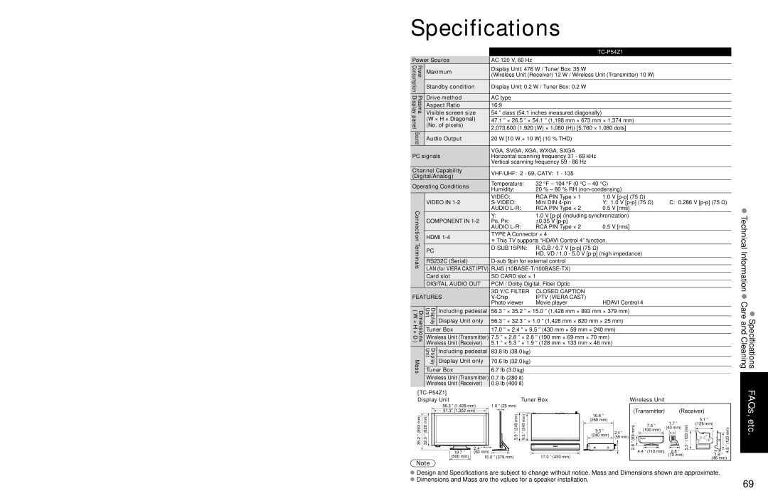 Panasonic TC-P54Z1 operating instructions Specifications Technical Information Care and Cleaning 