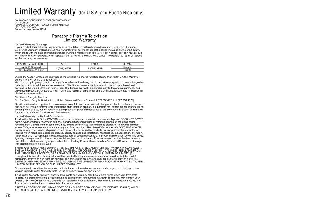 Panasonic TC-P54Z1 Npcparts@us.panasonic.com, Customer Services Directory United States and Puerto Rico 