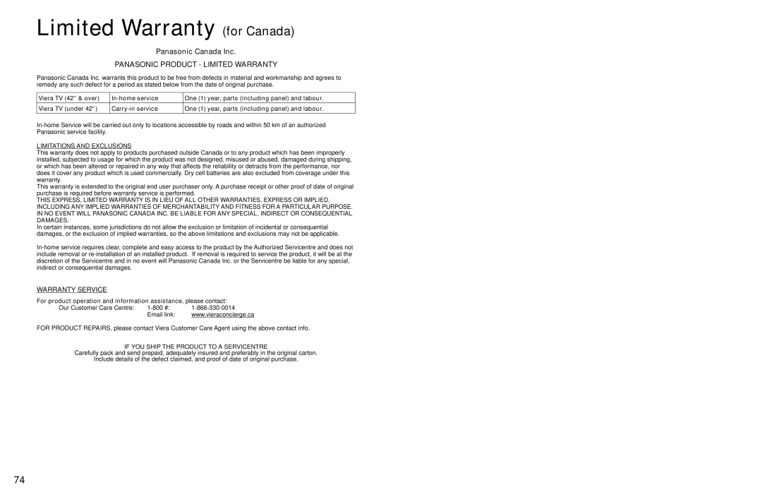 Panasonic TC-P54Z1 operating instructions Limited Warranty for Canada, Panasonic Product Limited Warranty 