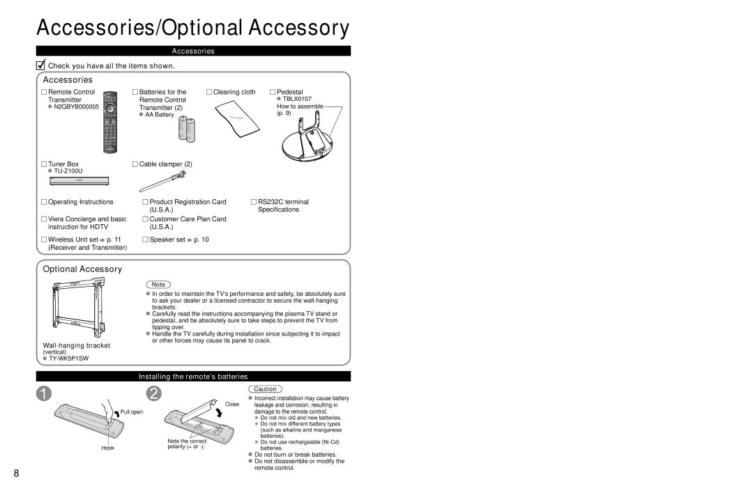 Panasonic TC-P54Z1 operating instructions Accessories/Optional Accessory, Installing the remote’s batteries 