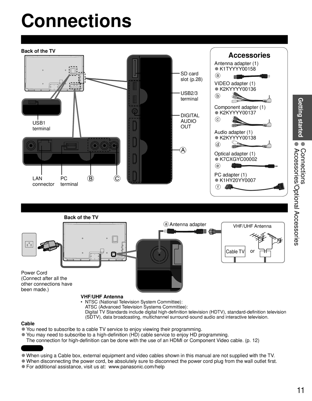 Panasonic TC-P55GT31 owner manual Connections, Accessories, Connection Panels, Antenna or Cable connection 