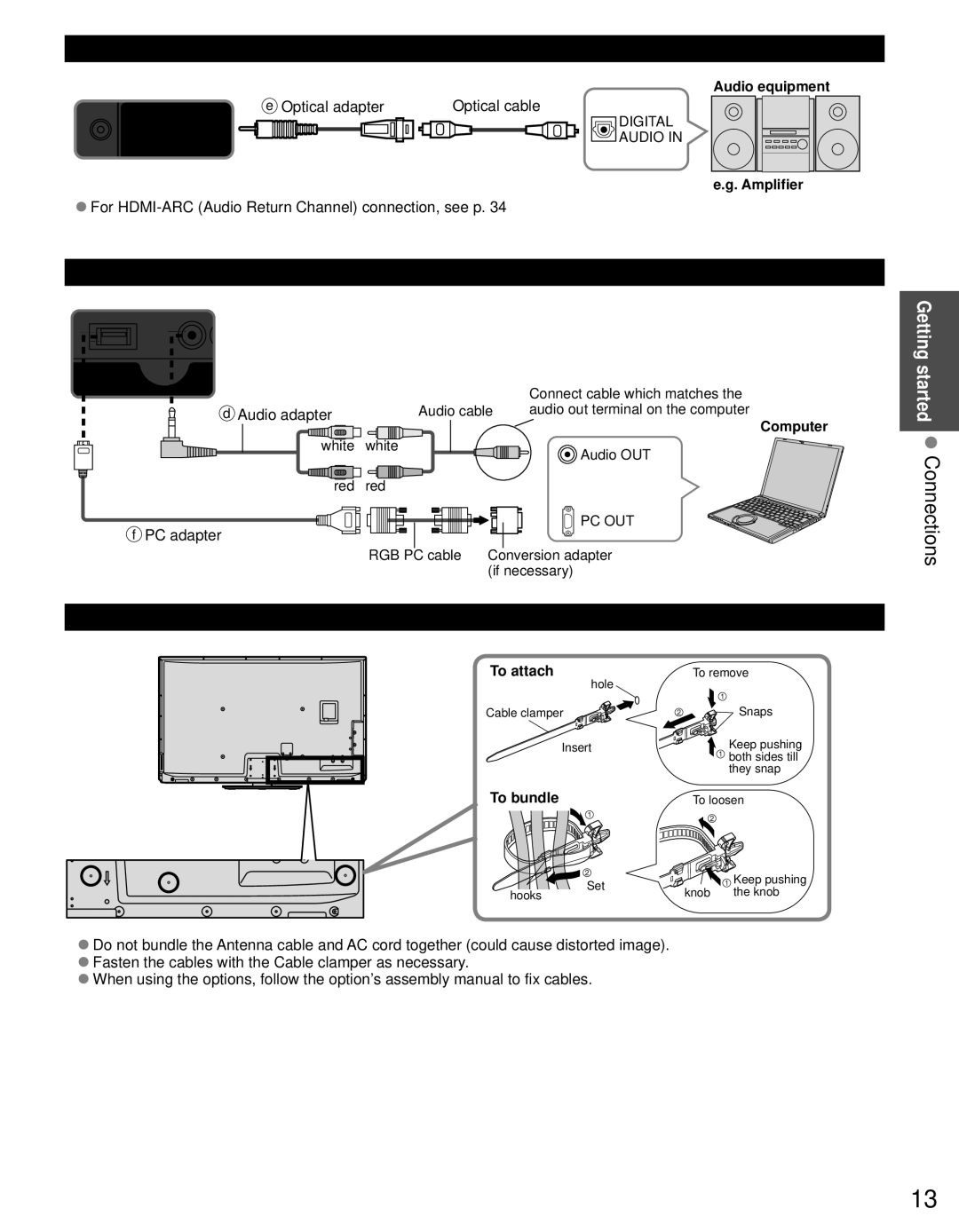 Panasonic TC-P55GT31 owner manual Audio connection, PC / Computer connection VGA, Cable Binding Instructions 