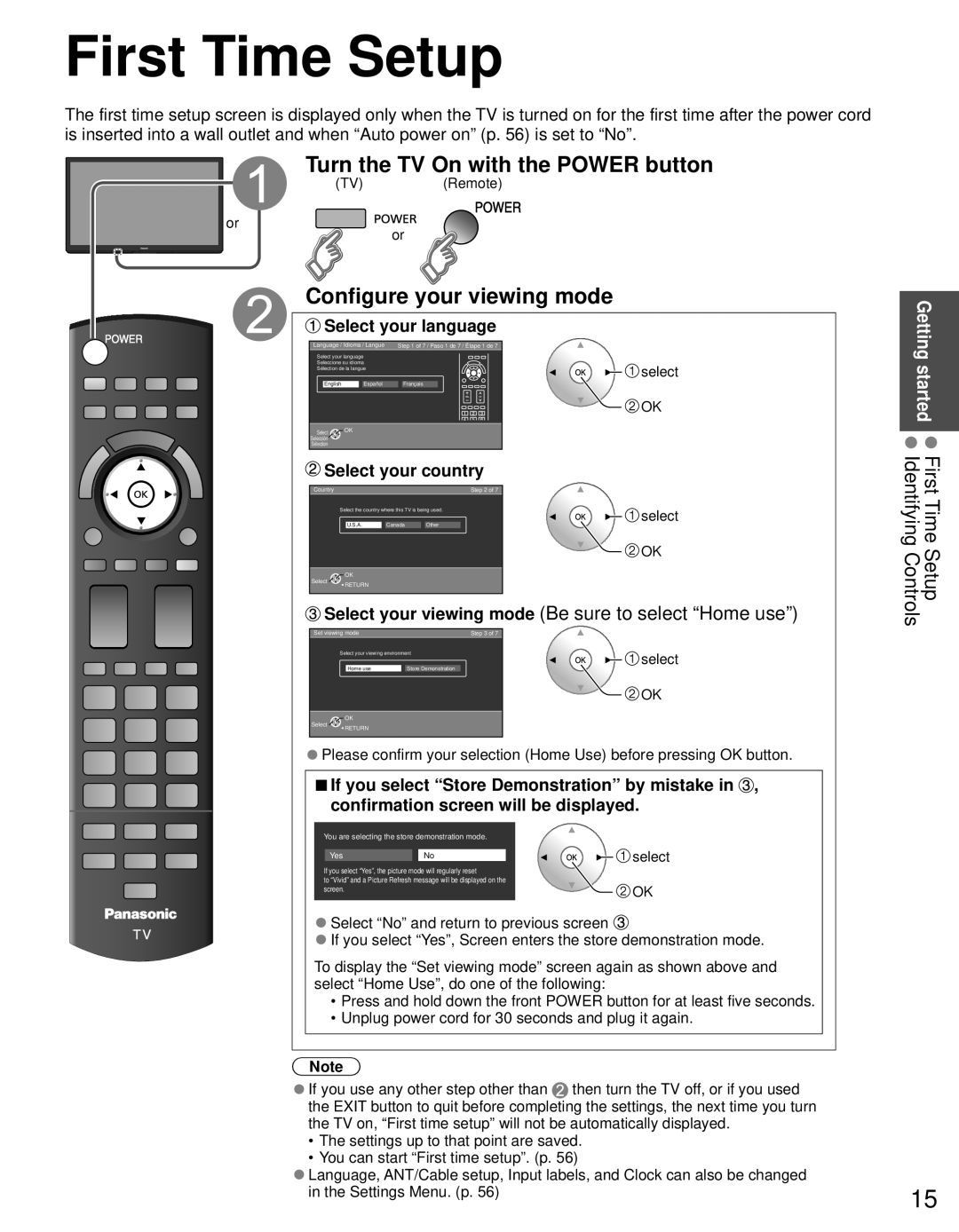 Panasonic TC-P55GT31 owner manual First Time Setup, Turn the TV On with the Power button, Configure your viewing mode 