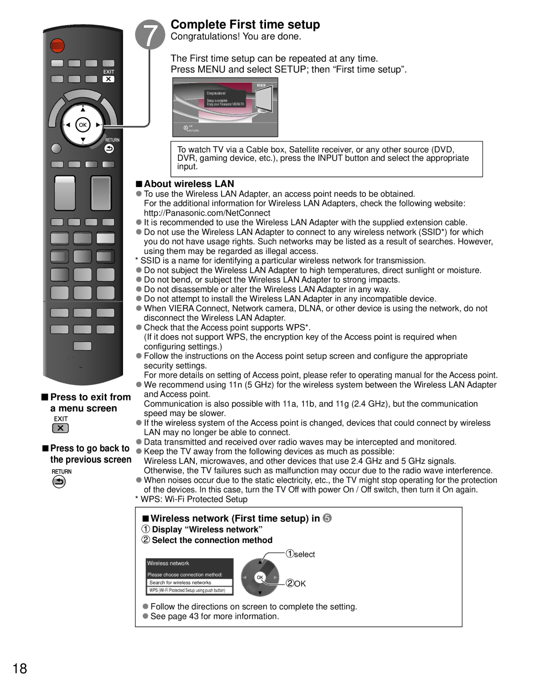 Panasonic TC-P55GT31 owner manual Complete First time setup, About wireless LAN, Wireless network First time setup 