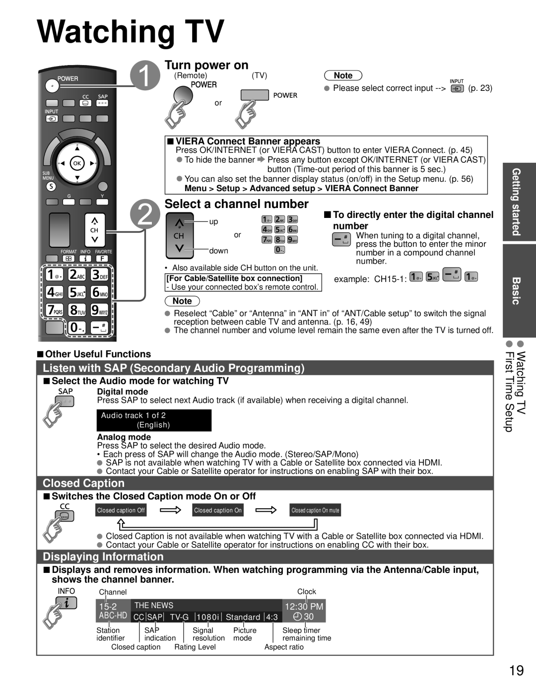 Panasonic TC-P55GT31 owner manual Watching TV, Turn power on, Select a channel number 