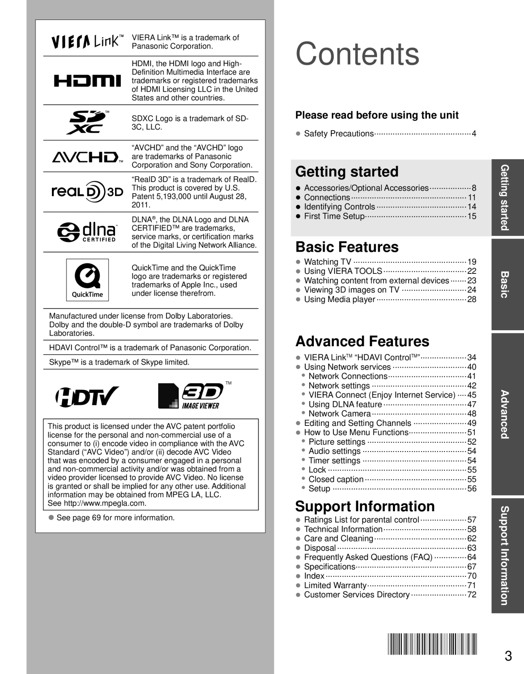 Panasonic TC-P55GT31 owner manual Contents 