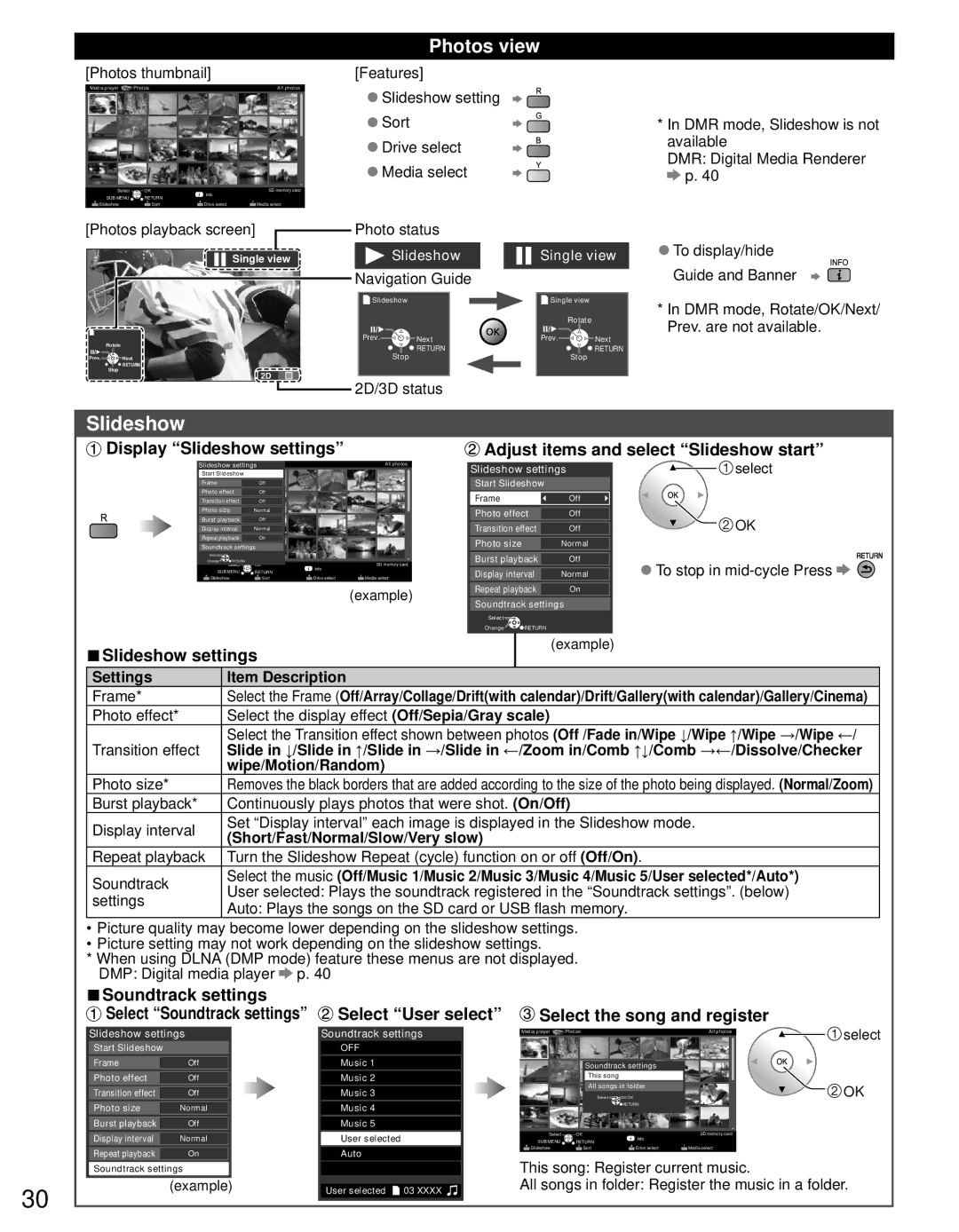 Panasonic TC-P55GT31 owner manual Photos view, Slideshow settings, Soundtrack settings 