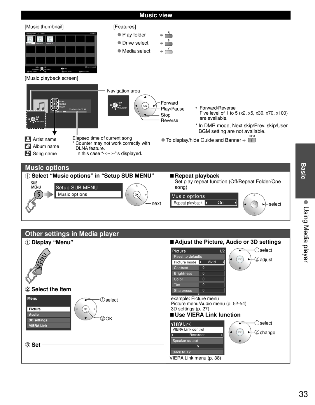 Panasonic TC-P55GT31 owner manual Music options, Using, Other settings in Media player, Music view 