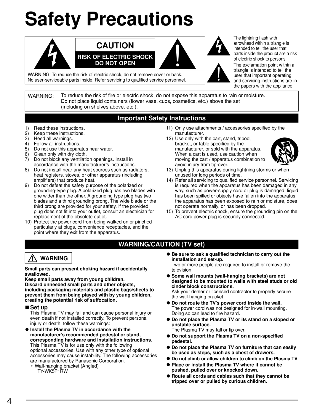 Panasonic TC-P55GT31 owner manual Safety Precautions, Important Safety Instructions 