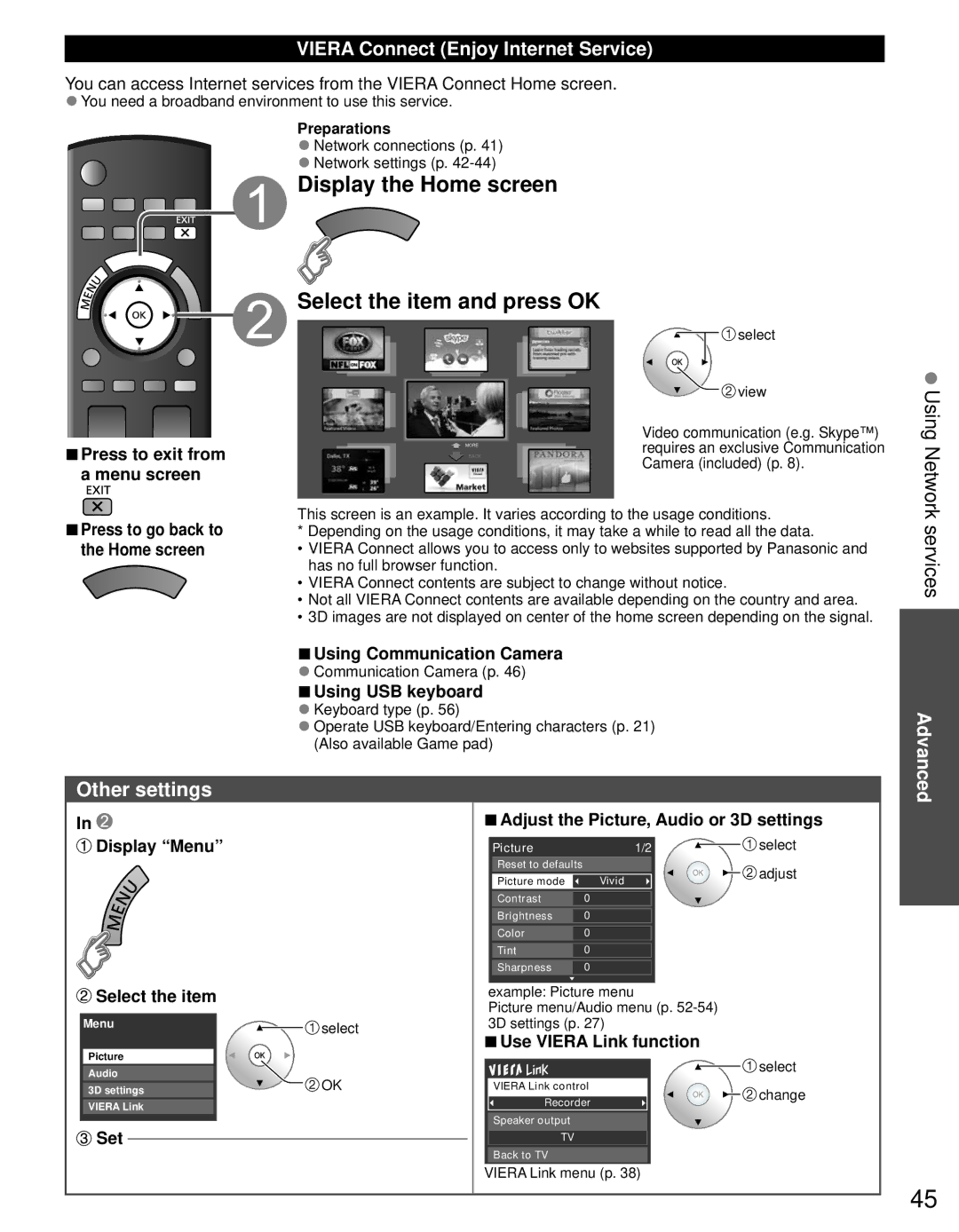 Panasonic TC-P55GT31 owner manual Display the Home screen Select the item and press OK, Other settings 