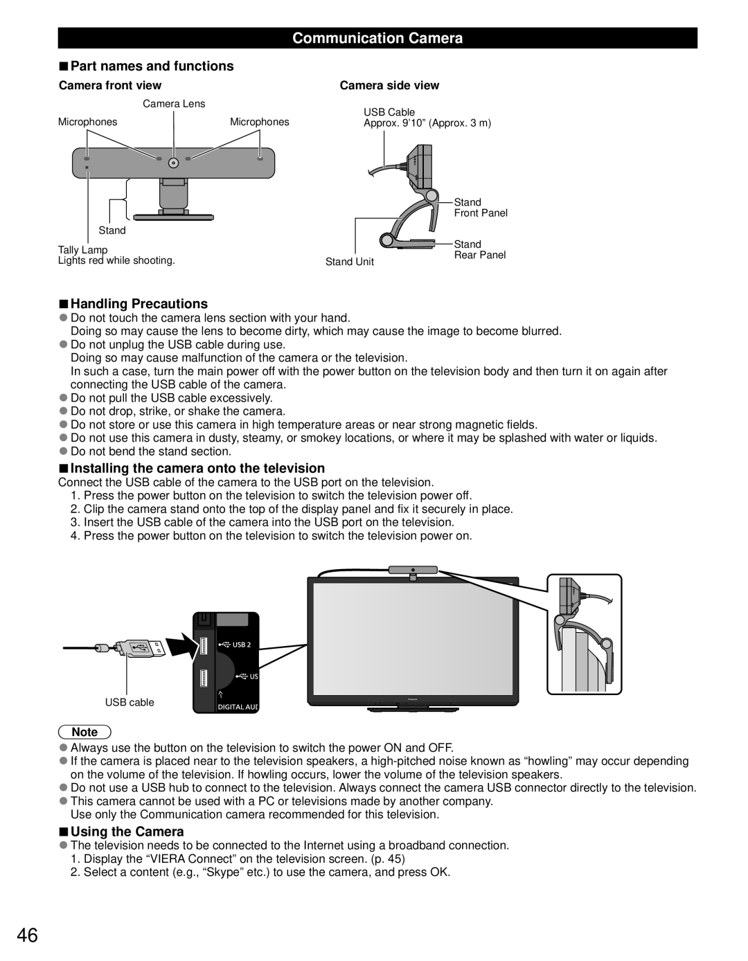 Panasonic TC-P55GT31 owner manual Communication Camera, Handling Precautions, Installing the camera onto the television 