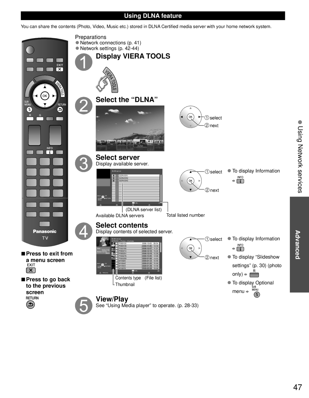 Panasonic TC-P55GT31 owner manual Display Viera Tools Select the Dlna, Select server, Select contents, View/Play 