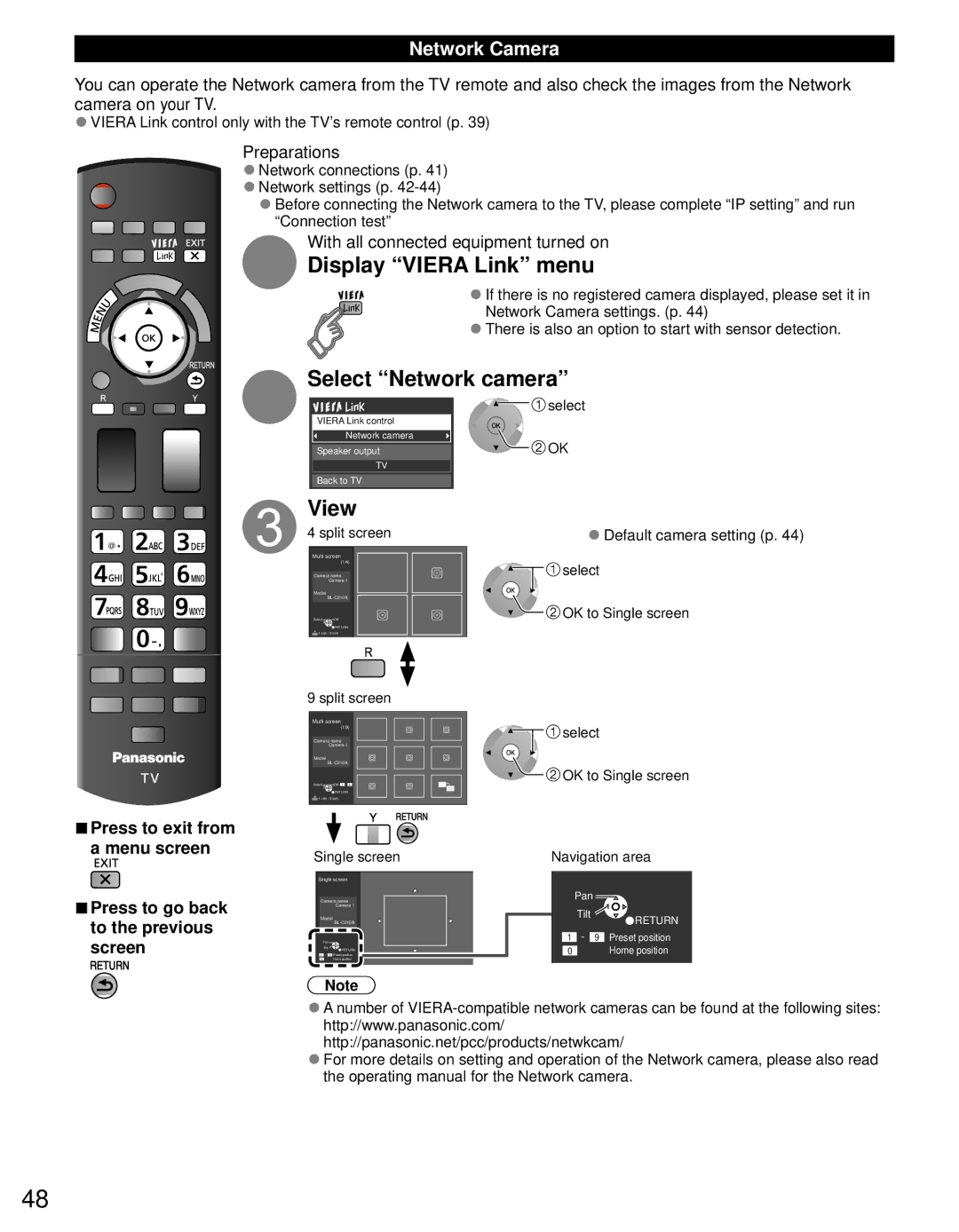 Panasonic TC-P55GT31 Network Camera, Display Viera Link menu, Viera Link control only with the TV’s remote control p 