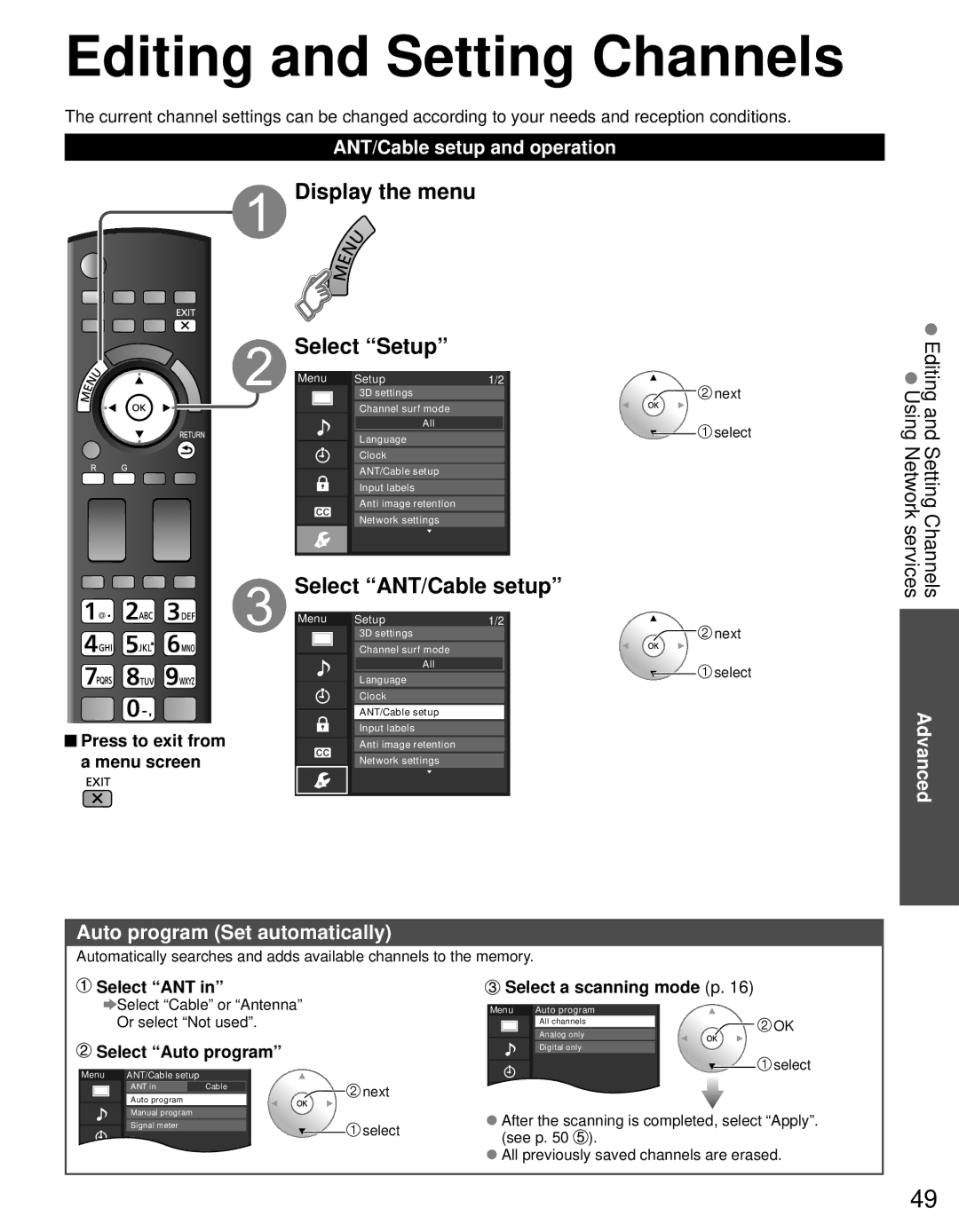 Panasonic TC-P55GT31 owner manual Editing and Setting Channels, Display the menu Select Setup, Select ANT/Cable setup 