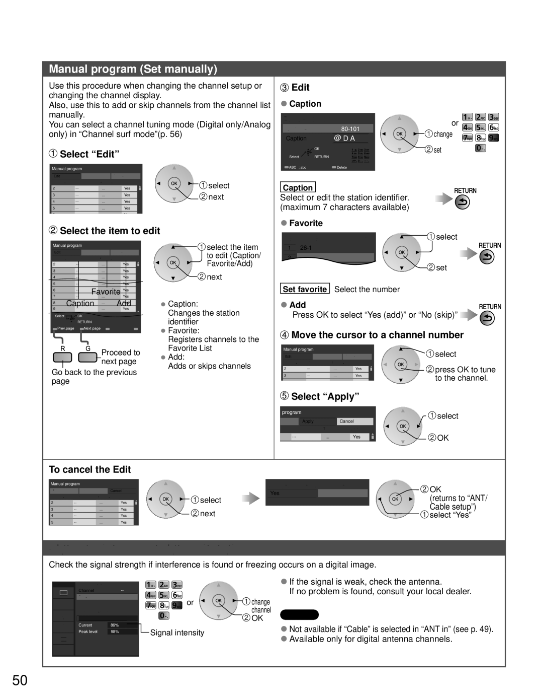 Panasonic TC-P55GT31 owner manual Manual program Set manually, Signal meter Check signal strength 