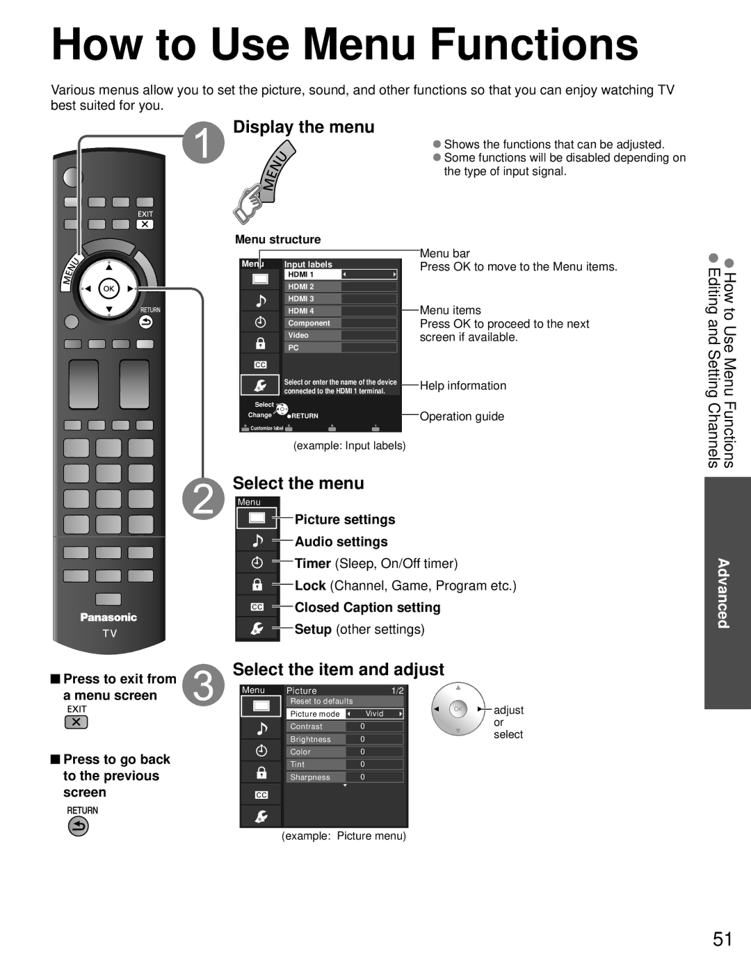 Panasonic TC-P55GT31 owner manual How to Use Menu Functions, Display the menu, Select the menu, Select the item and adjust 