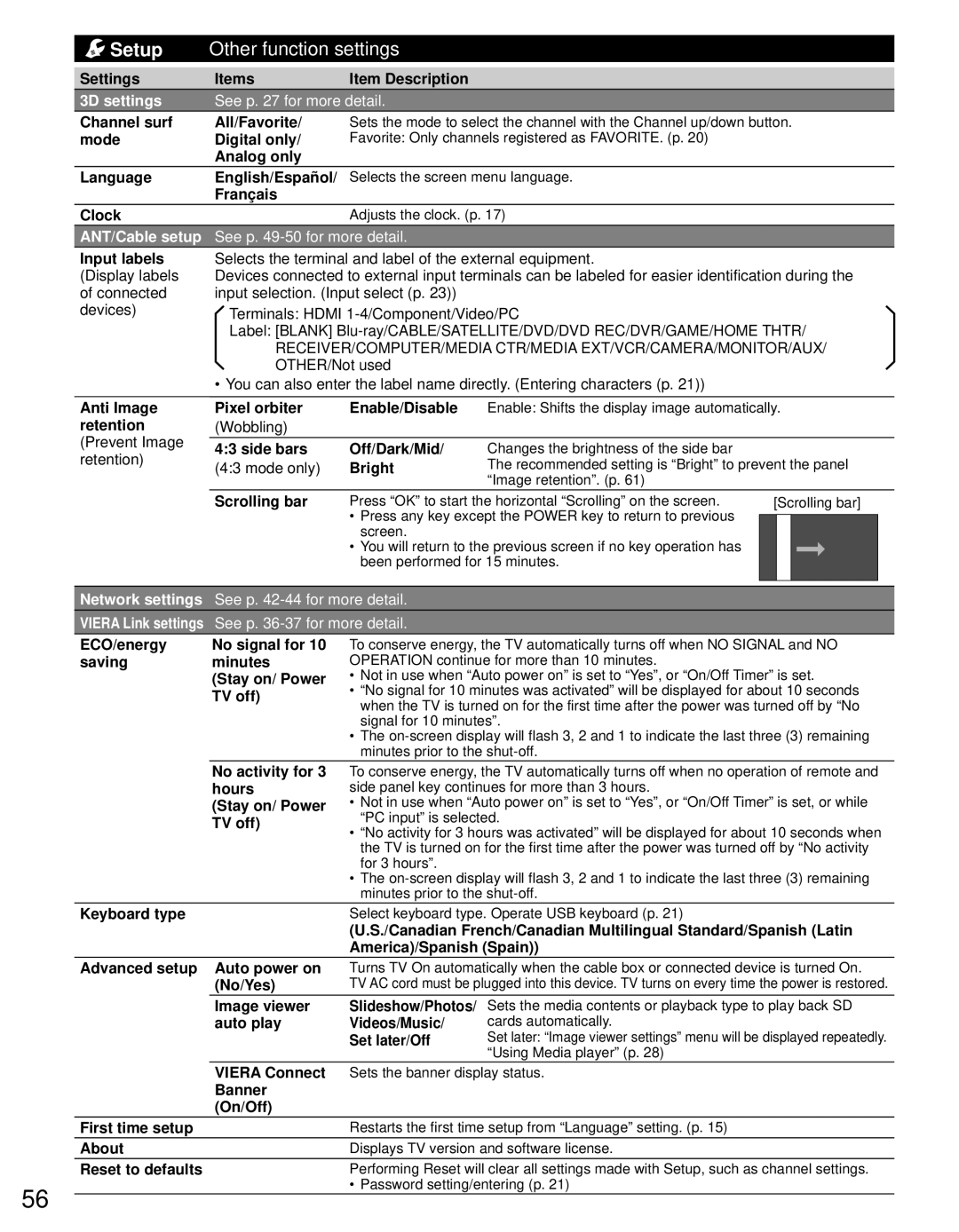 Panasonic TC-P55GT31 owner manual Setup Other function settings 