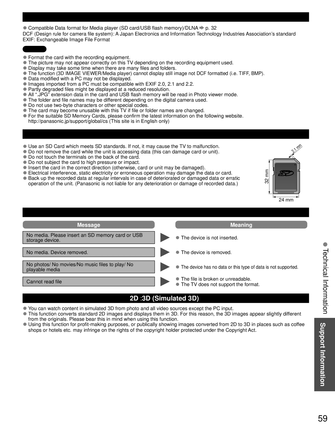 Panasonic TC-P55GT31 Technical, Data format information, SD Card/USB flash memory warning messages, 2D→3D Simulated 3D 