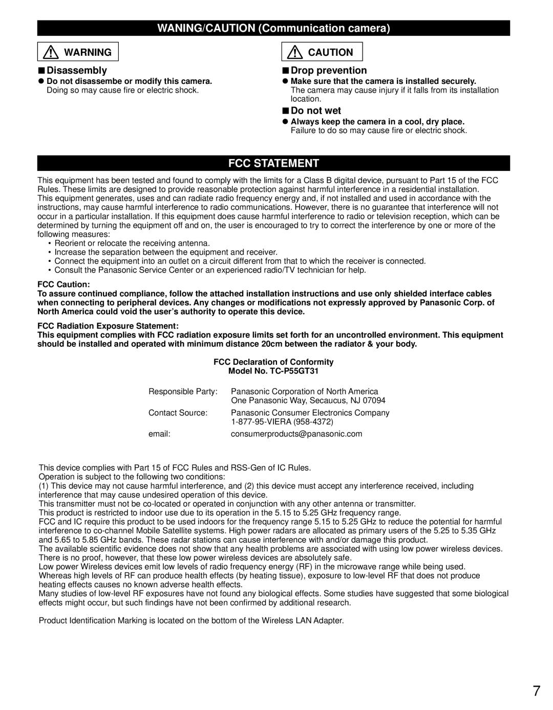 Panasonic TC-P55GT31 owner manual WANING/CAUTION Communication camera, Disassembly Drop prevention, Do not wet 