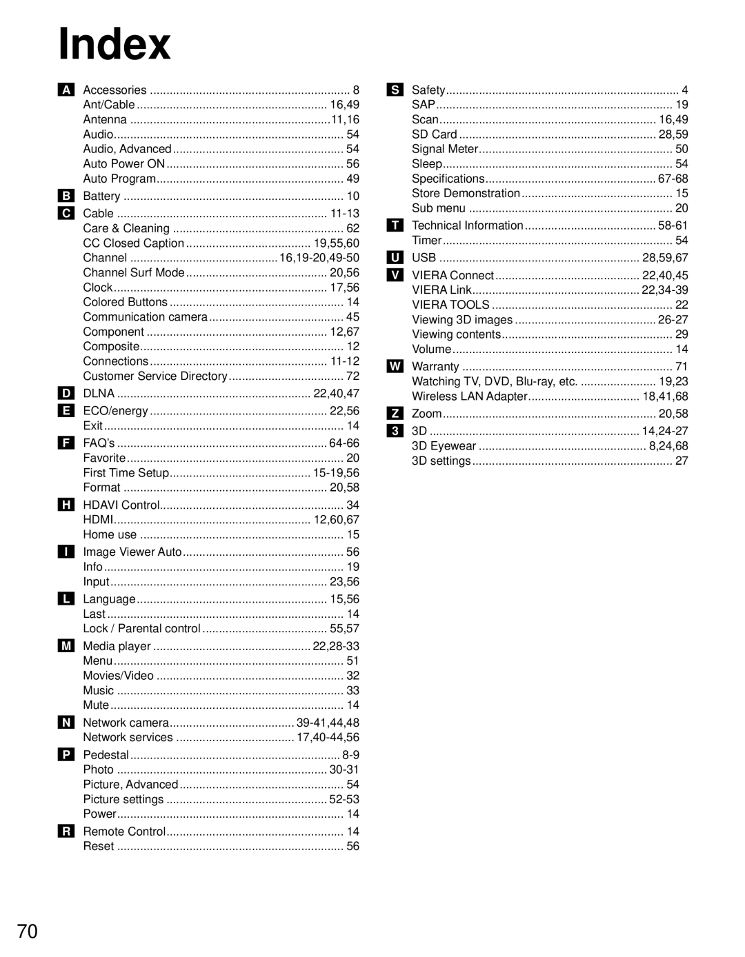 Panasonic TC-P55GT31 owner manual Index 