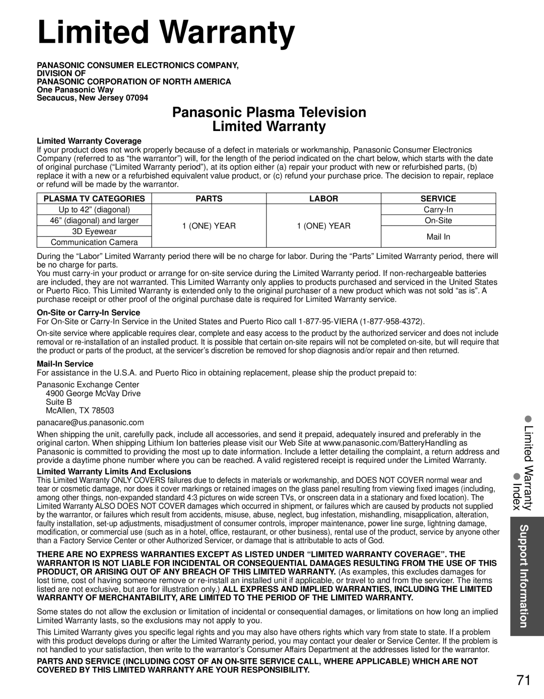 Panasonic TC-P55GT31 owner manual Limited WarrantyIndex Support Information 