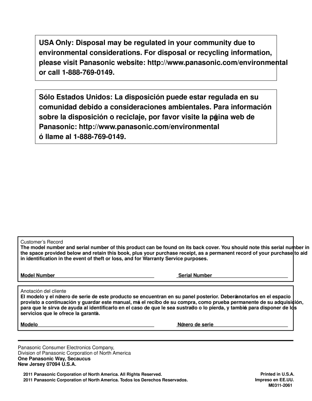 Panasonic TC-P55GT31 Customer’s Record, Anotación del cliente, One Panasonic Way, Secaucus New Jersey 07094 U.S.A 