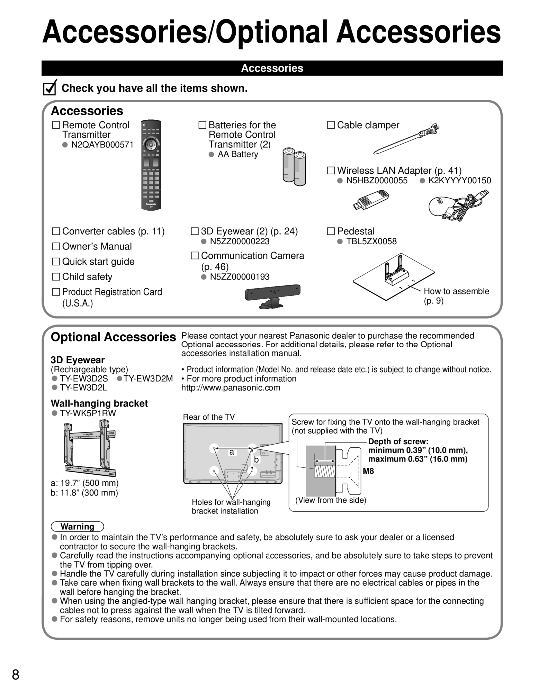 Panasonic TC-P55GT31 owner manual Optional Accessories, 3D Eyewear, Wall-hanging bracket 