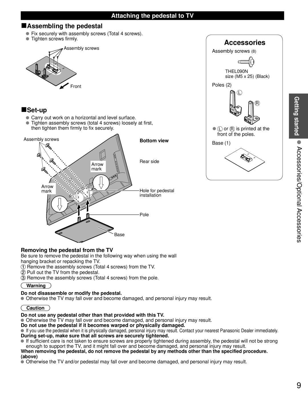 Panasonic TC-P55GT31 Getting started Accessories/Optional Accessories, Attaching the pedestal to TV, Bottom view 