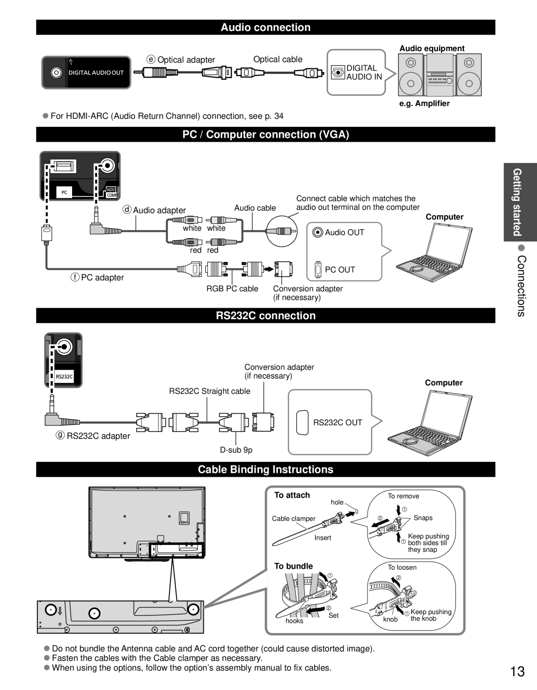 Panasonic TC-P65VT30 Audio connection, PC / Computer connection VGA, RS232C connection, Cable Binding Instructions 