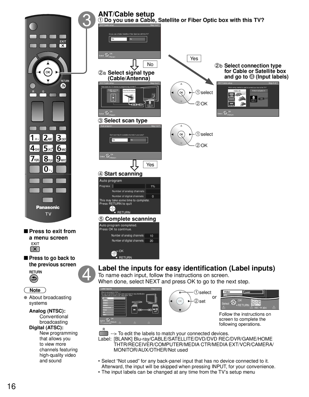 Panasonic TC-P55VT30, TC-P65VT30 ANT/Cable setup, Label the inputs for easy identification Label inputs, Select scan type 