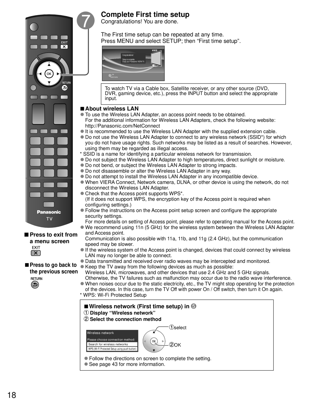 Panasonic TC-P55VT30, TC-P65VT30 Complete First time setup, About wireless LAN, Wireless network First time setup 