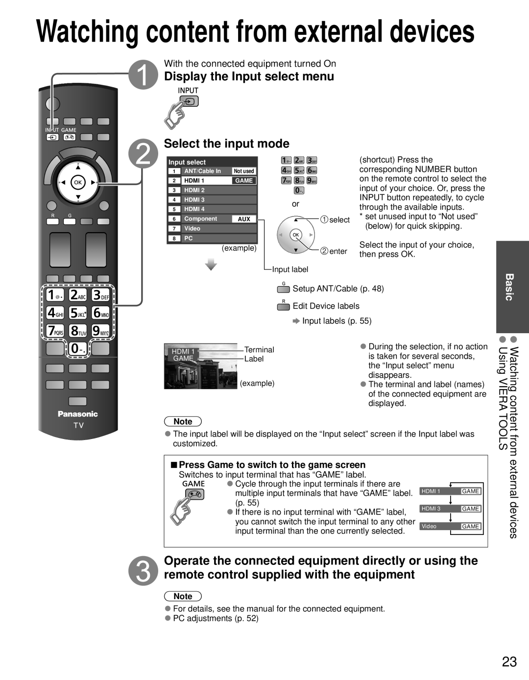 Panasonic TC-P65VT30, TC-P55VT30 owner manual Display the Input select menu Select the input mode, External devices 