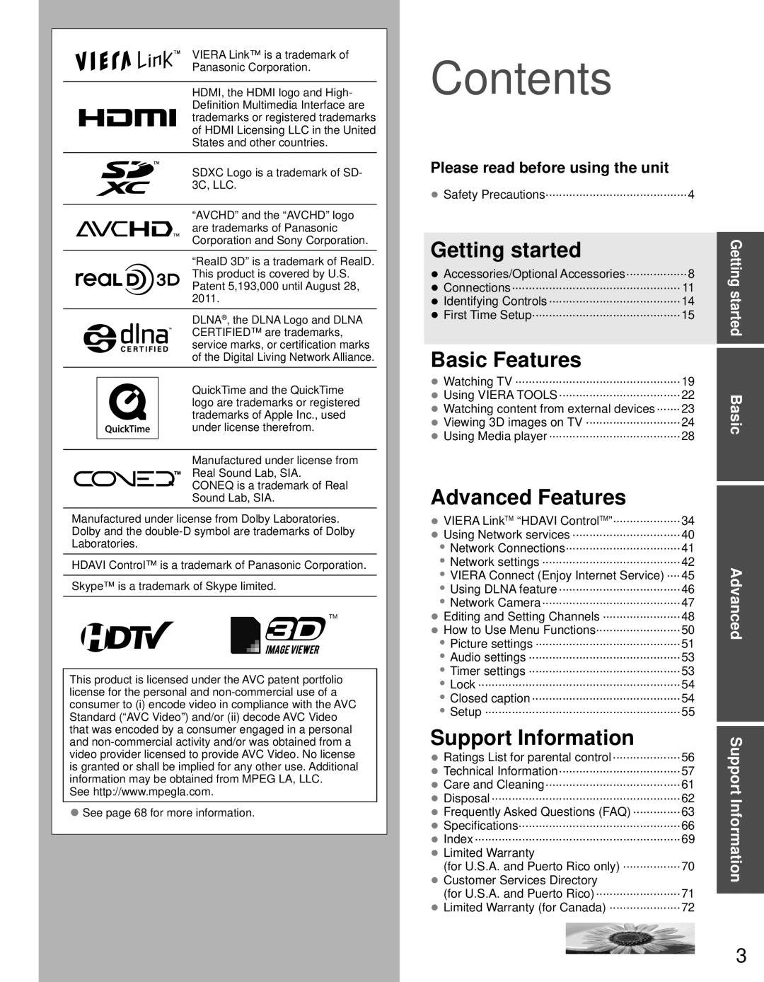 Panasonic TC-P65VT30, TC-P55VT30 owner manual Contents 