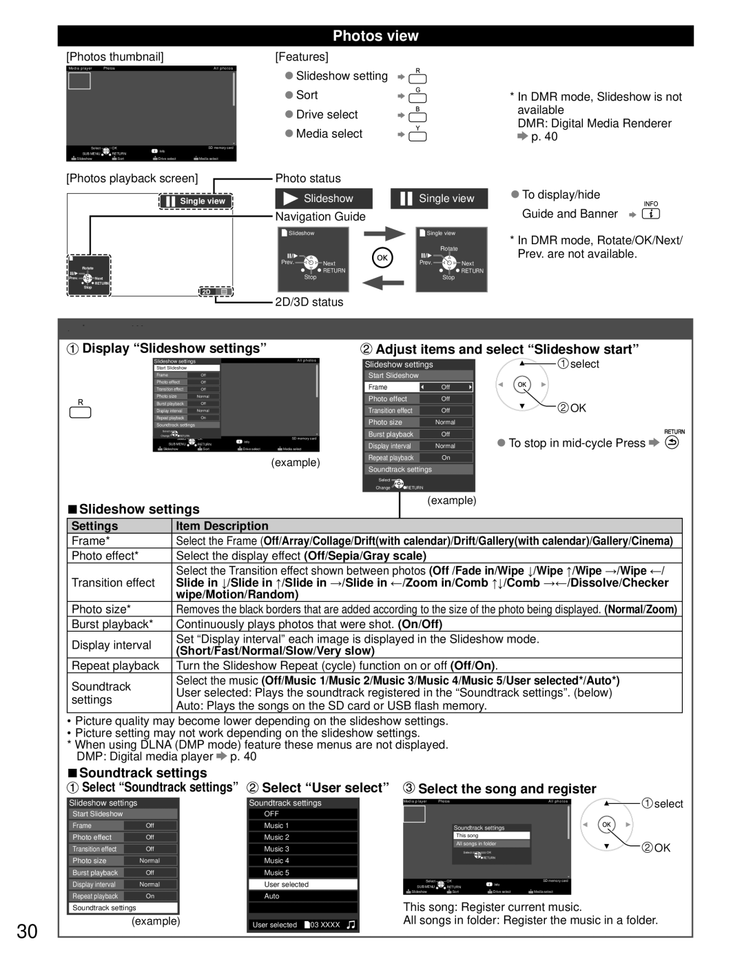 Panasonic TC-P55VT30, TC-P65VT30 owner manual Photos view, Slideshow settings, Soundtrack settings 