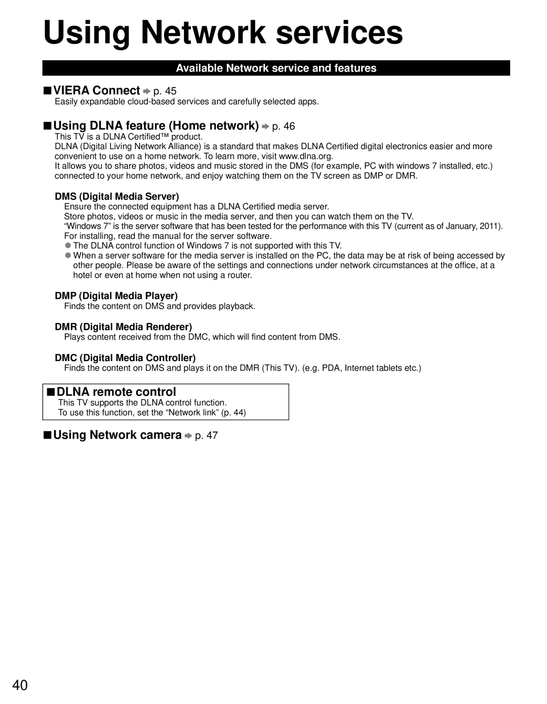 Panasonic TC-P55VT30 Using Network services, Viera Connect p, Using Dlna feature Home network p, Dlna remote control 