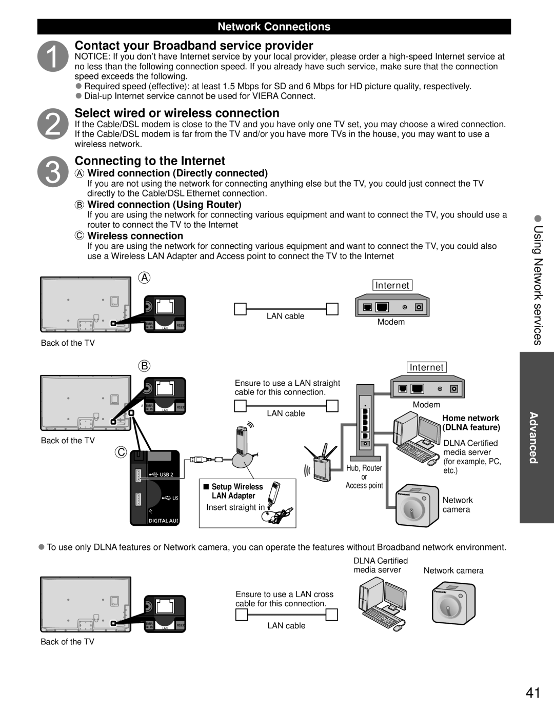 Panasonic TC-P65VT30 Contact your Broadband service provider, Select wired or wireless connection, Using Network services 