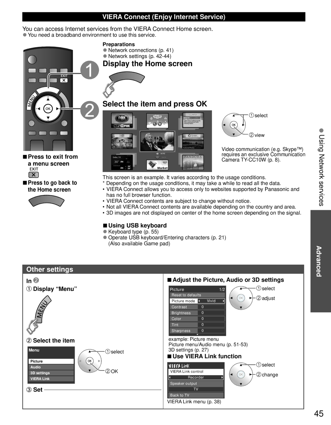 Panasonic TC-P65VT30, TC-P55VT30 Display the Home screen, Select the item and press OK, Services, Other settings 