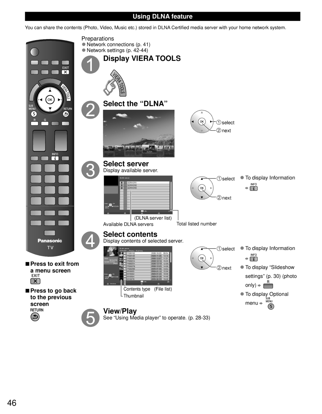 Panasonic TC-P55VT30, TC-P65VT30 owner manual Display Viera Tools Select the Dlna, Select server, Select contents, View/Play 