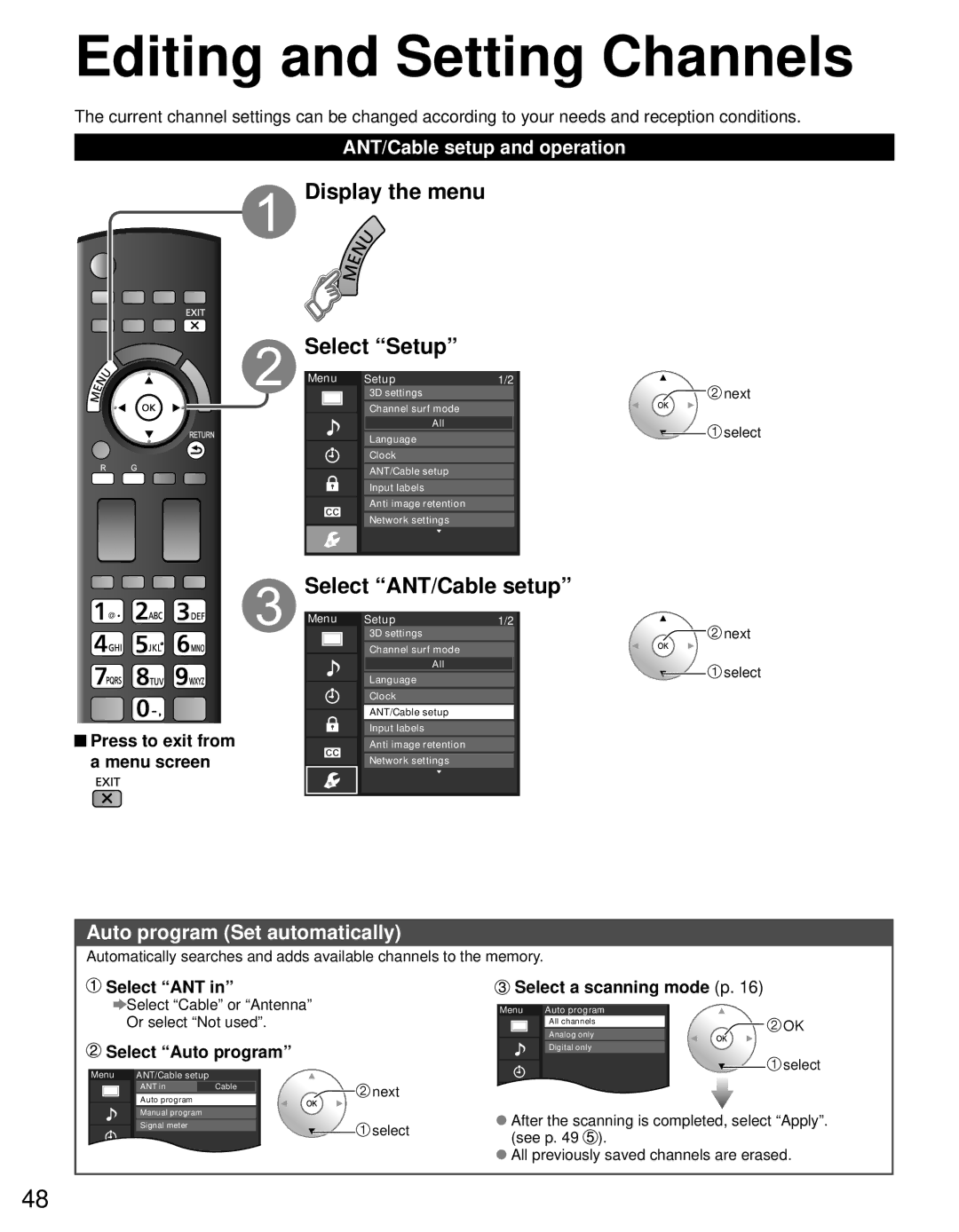 Panasonic TC-P55VT30, TC-P65VT30 Editing and Setting Channels, Display the menu Select Setup, Select ANT/Cable setup 