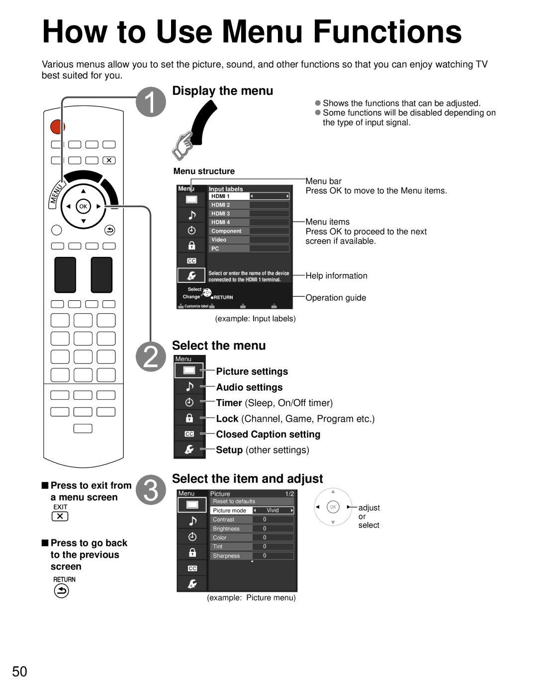 Panasonic TC-P55VT30, TC-P65VT30 How to Use Menu Functions, Display the menu, Select the menu, Select the item and adjust 