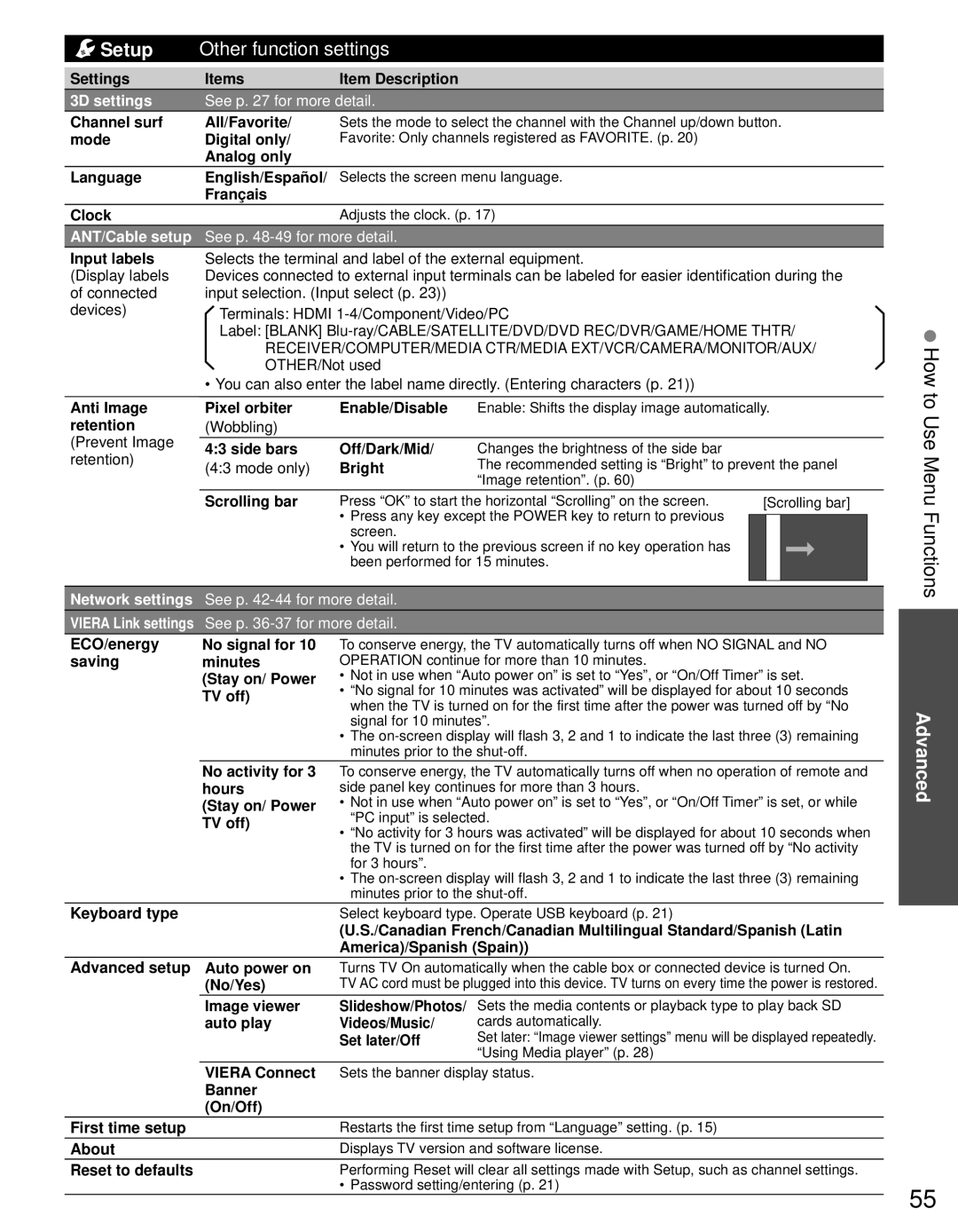 Panasonic TC-P65VT30, TC-P55VT30 owner manual Setup Other function settings 