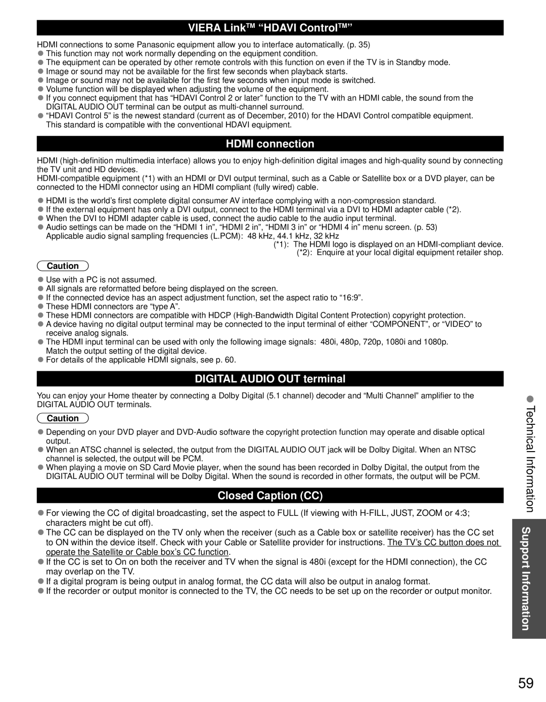 Panasonic TC-P65VT30, TC-P55VT30 Technical Information Support Information, Viera LinkTM Hdavi ControlTM, Hdmi connection 
