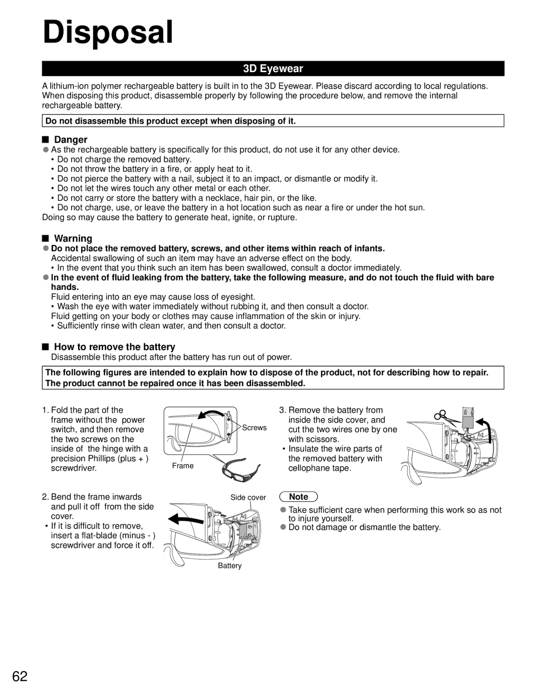 Panasonic TC-P55VT30 Disposal, How to remove the battery, Do not disassemble this product except when disposing of it 