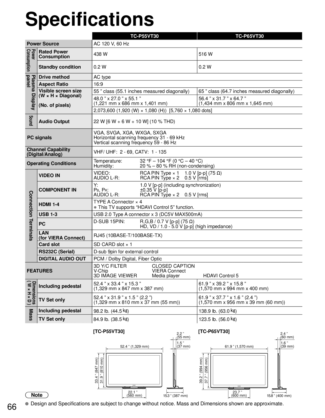 Panasonic TC-P55VT30, TC-P65VT30 owner manual Specifications, Features 