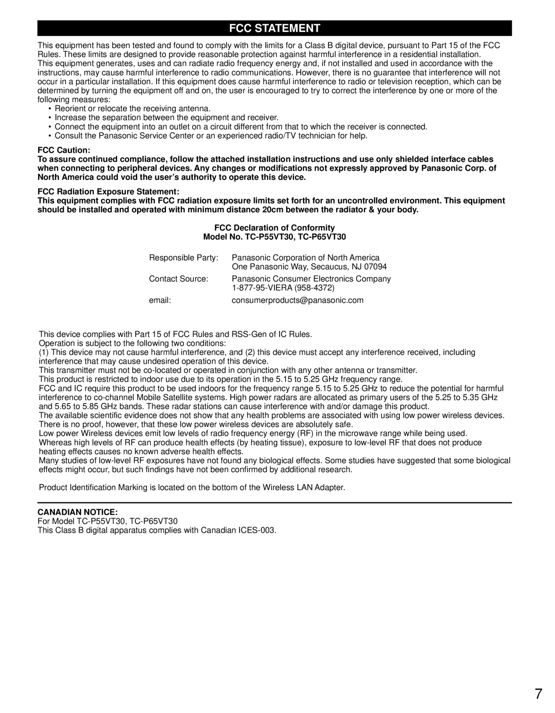 Panasonic TC-P65VT30, TC-P55VT30 owner manual FCC Statement 