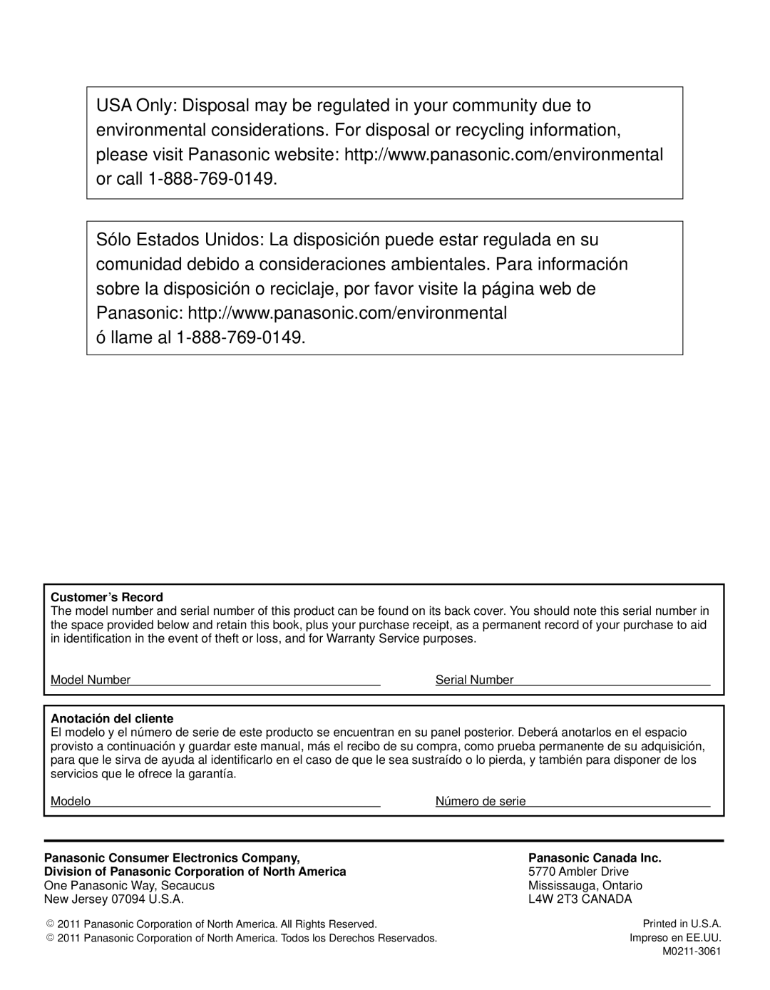 Panasonic TC-P55VT30, TC-P65VT30 owner manual Customer’s Record, Anotación del cliente, Ambler Drive 