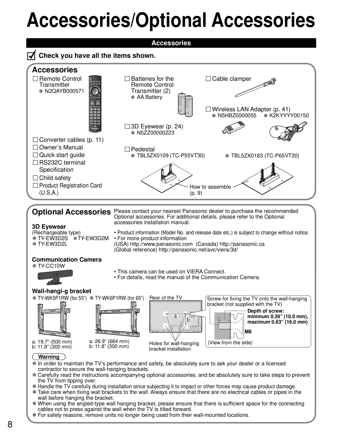 Panasonic TC-P55VT30, TC-P65VT30 owner manual Optional Accessories 