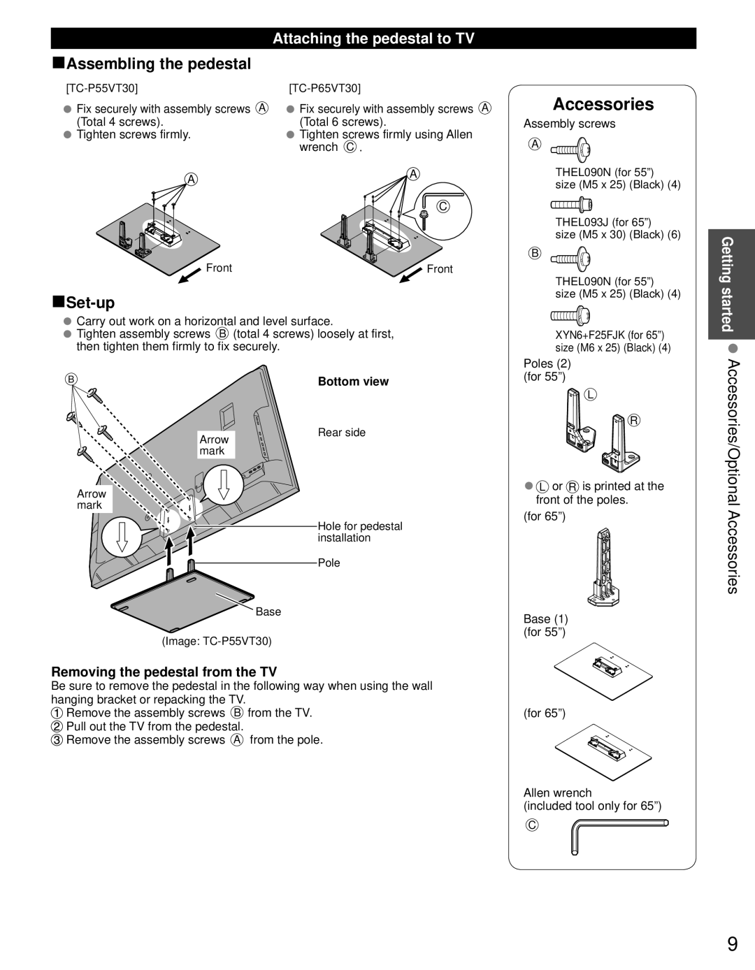 Panasonic TC-P65VT30 Getting started Accessories/Optional Accessories, Attaching the pedestal to TV, Assembly screws 