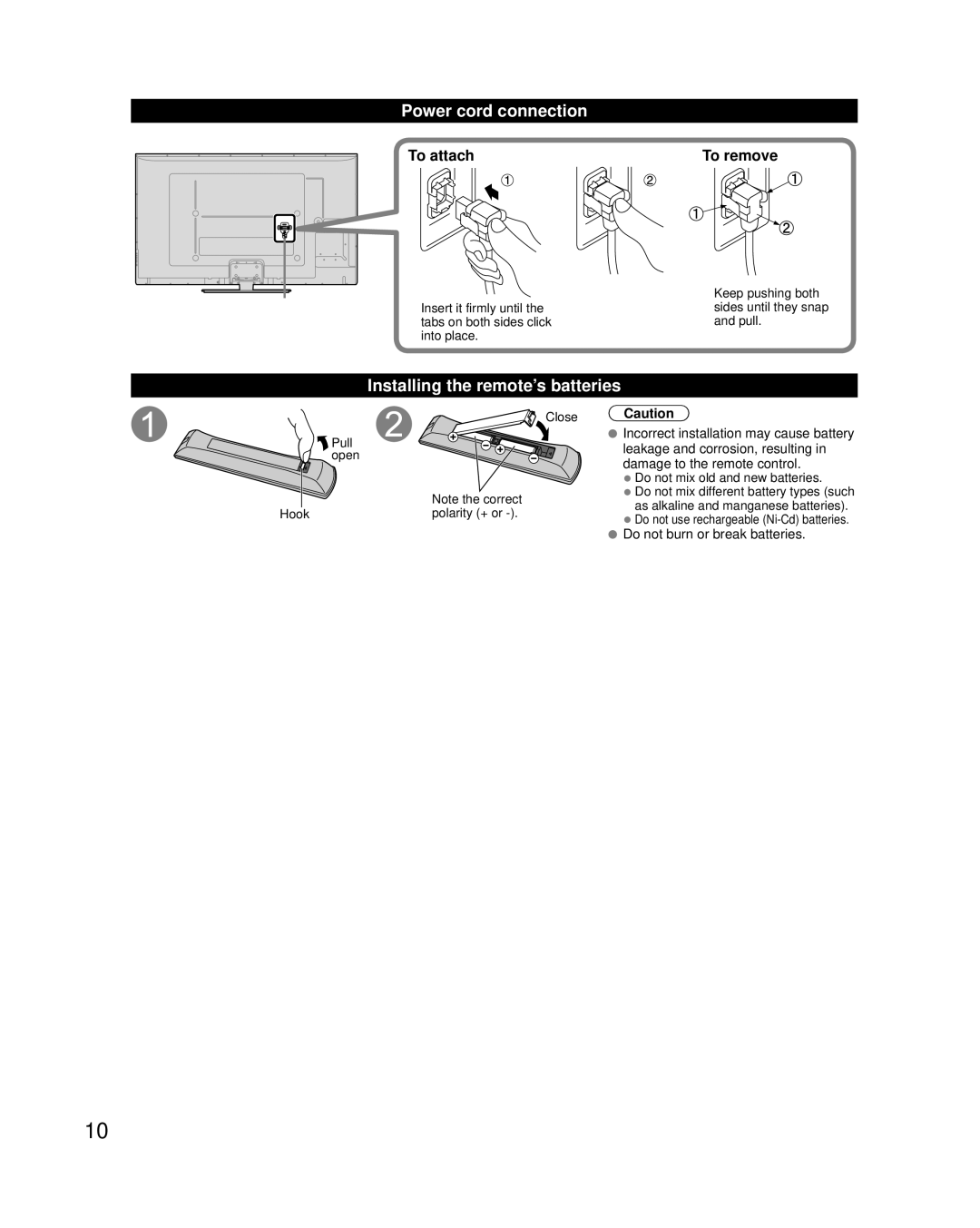 Panasonic TC-P55VT50 Power cord connection, Installing the remote’s batteries, To attach To remove, Close Caution 